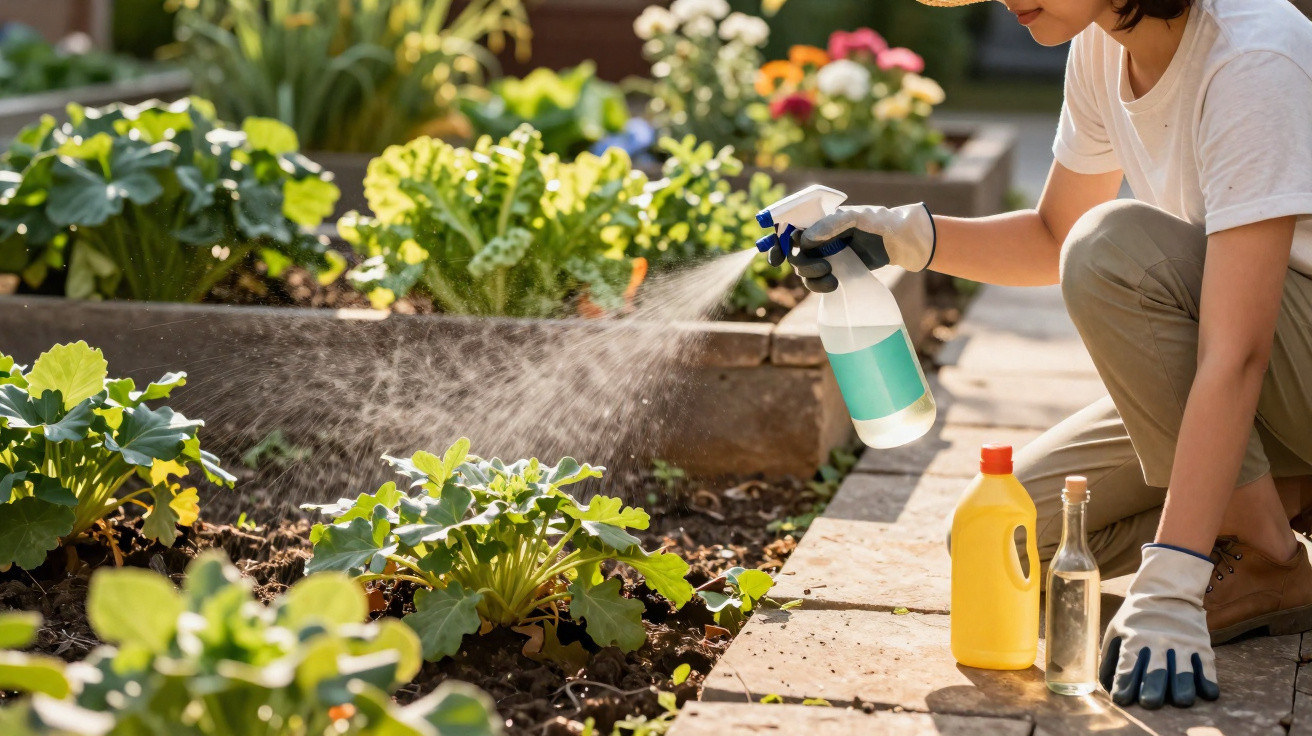 Person wearing gloves spraying plants with a white spray bottle in a garden bed.
