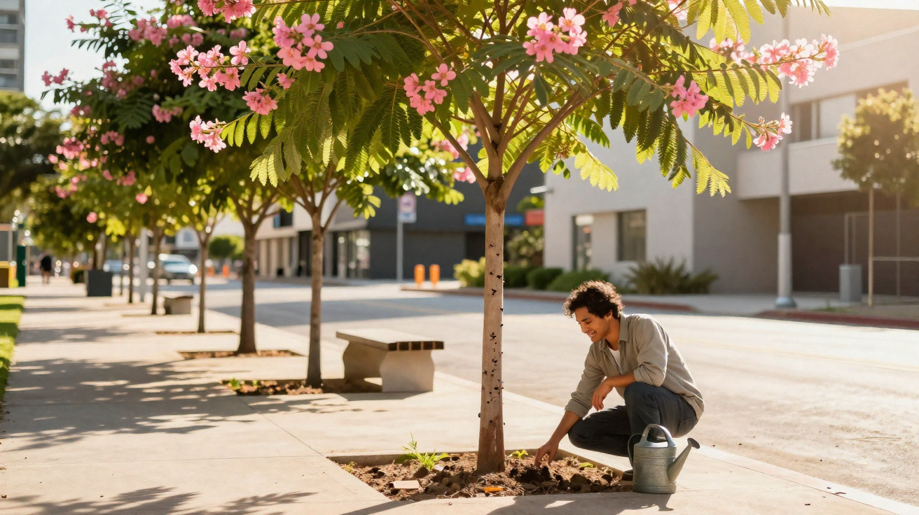 Person kneeling to tend to plants at the base of a flowering tree along a city sidewalk on a sunny day.