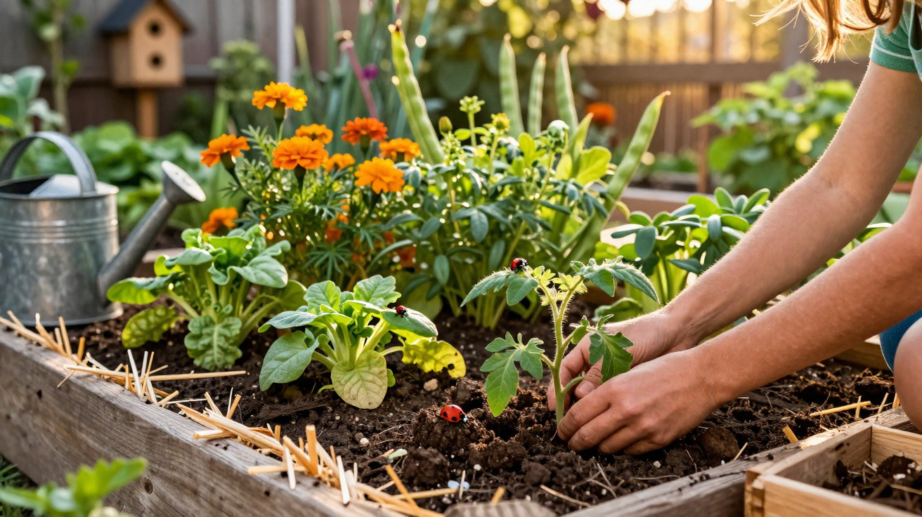 Hands planting a young tomato seedling in a raised garden bed with flowers and ladybugs nearby.