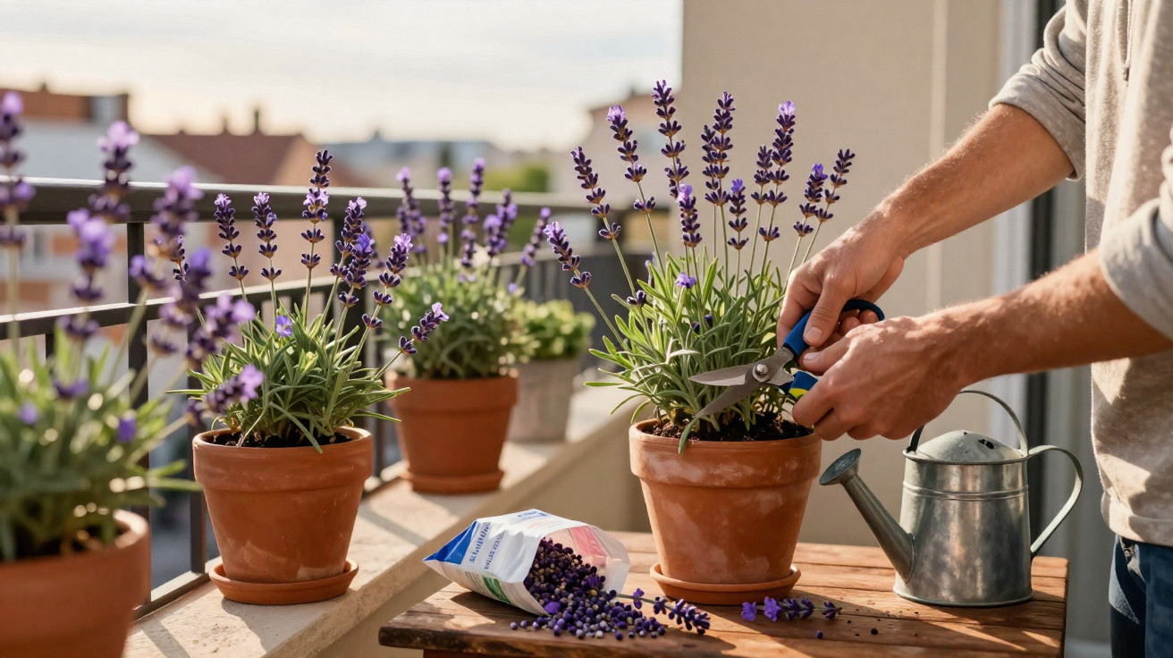 Person pruning lavender plants in terracotta pots on a sunny balcony with gardening tools nearby