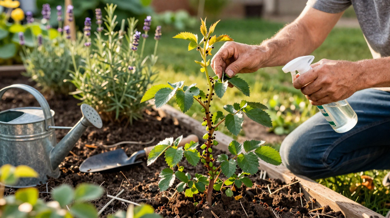 Person tending to a young plant with spray bottle in a garden bed surrounded by gardening tools.