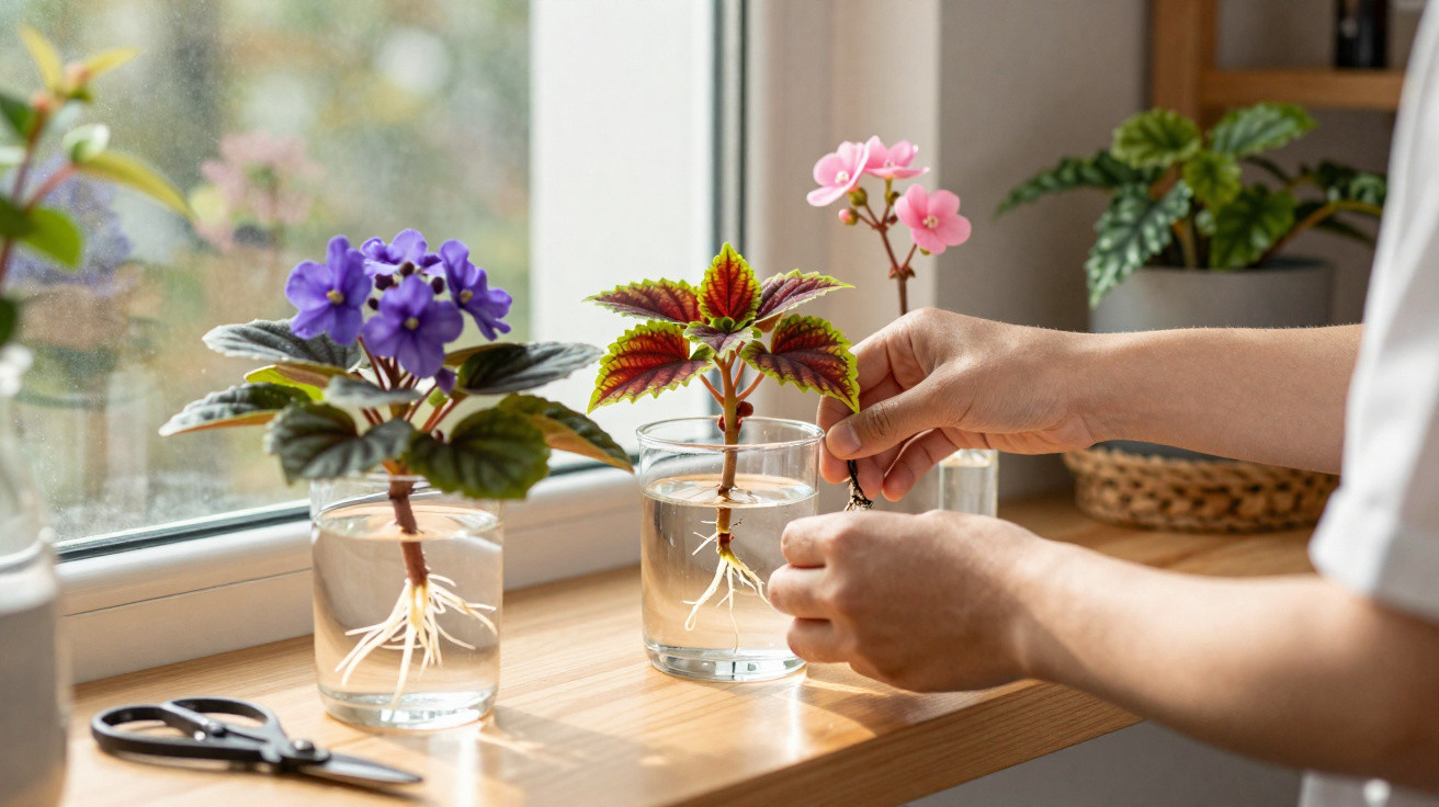 Hands placing a pink flowering plant cutting with roots into a glass of water on a sunny windowsill.