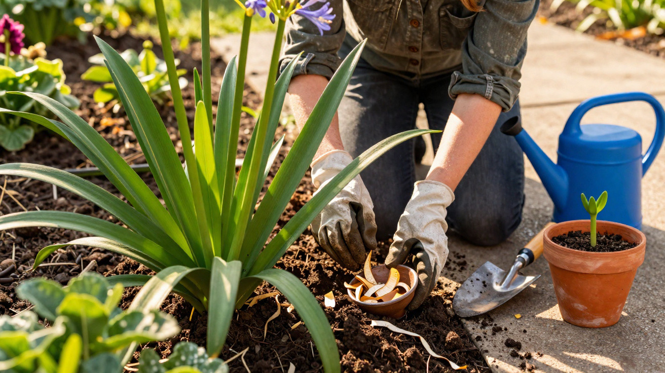 Person wearing gloves kneeling in garden, adding peel scraps to soil near large leafy green plant.