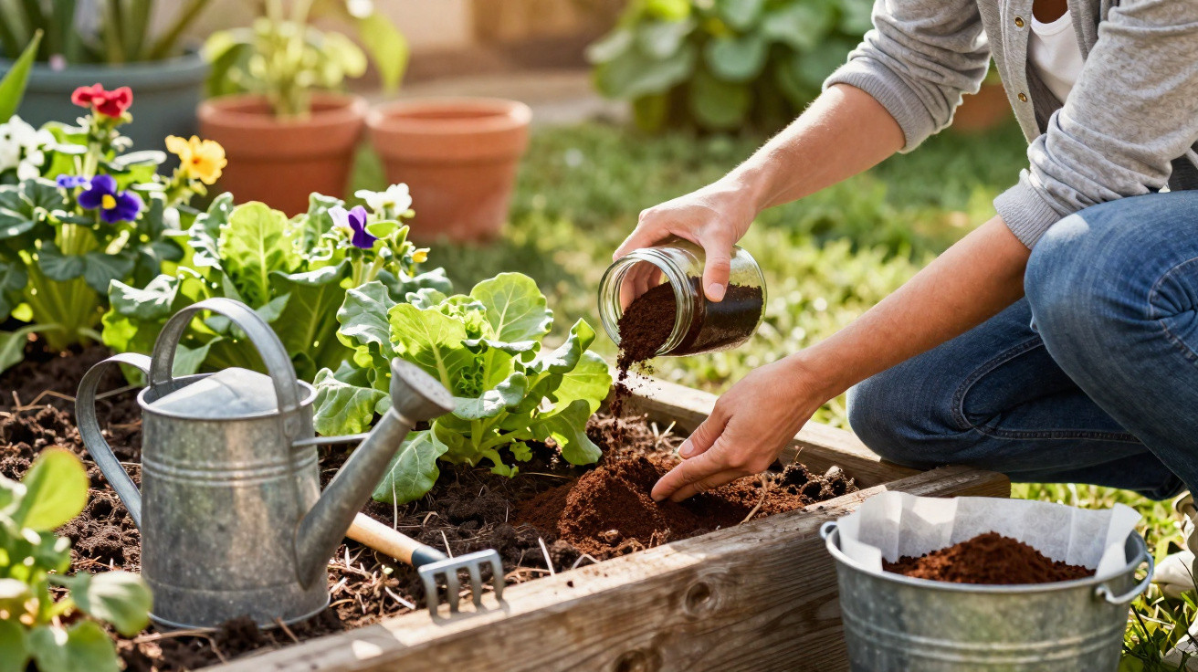 Person adding soil to raised garden bed with flowers and gardening tools nearby on a sunny day