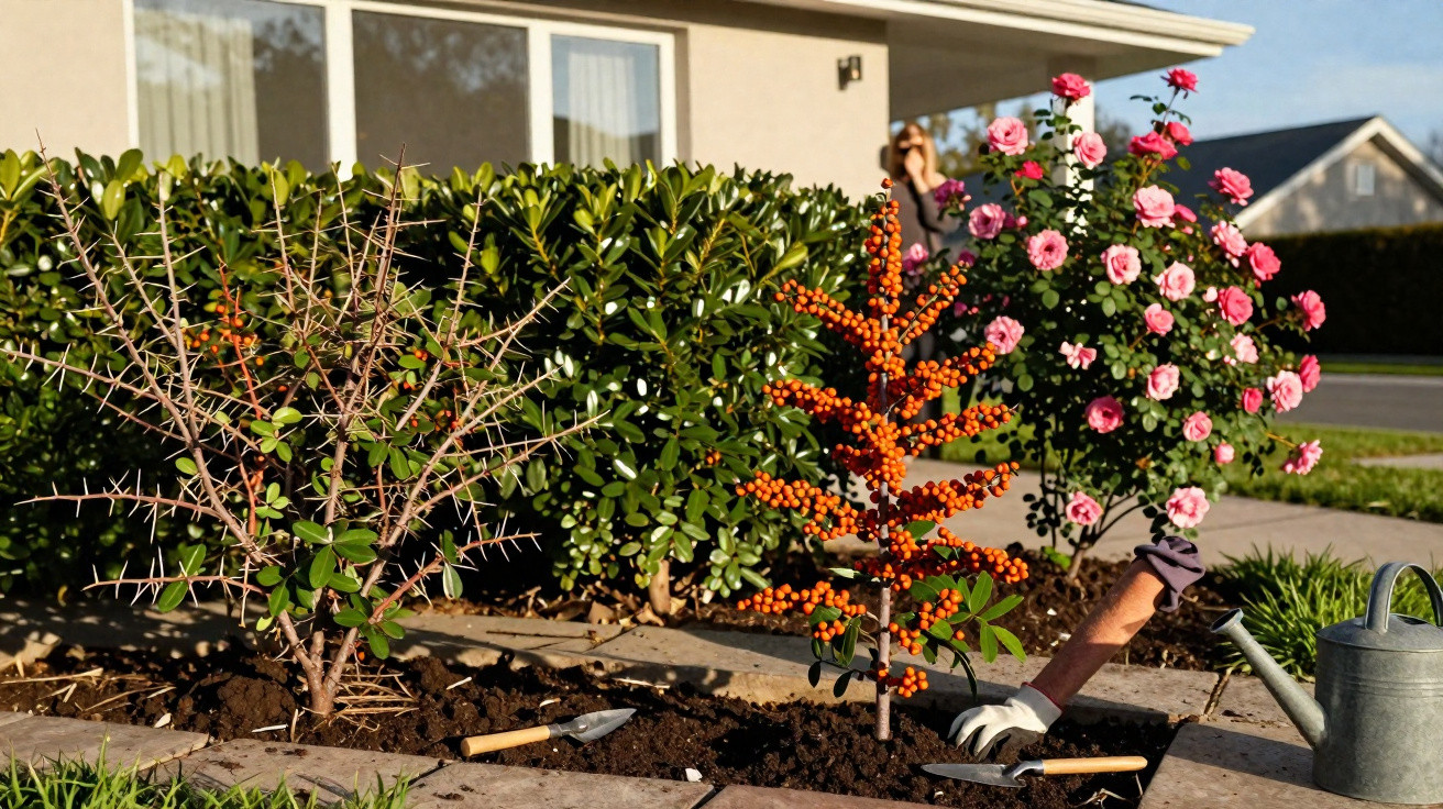 Garden bed with thorny and berry plants, gardening tools, watering can, and pink rose bush near a house.