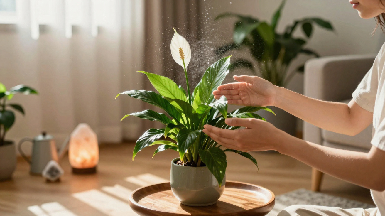 Person watering a peace lily plant indoors on a wooden tray in a sunlit room.