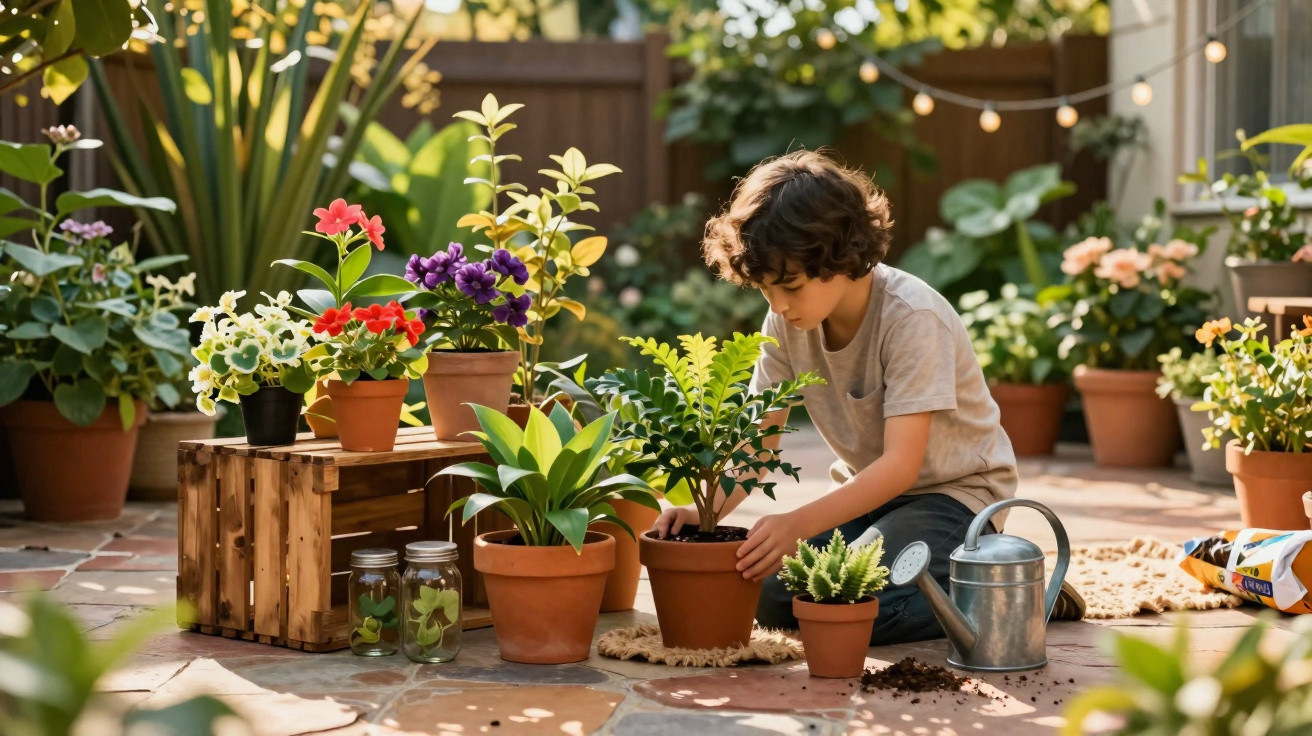 Young boy tending to potted plants in a sunlit garden patio surrounded by flowers and gardening tools.