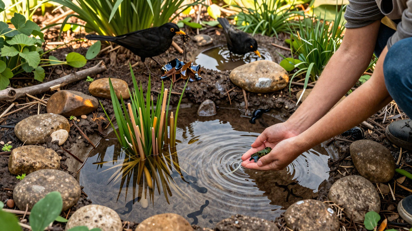 Person releasing a small frog into a garden pond surrounded by stones and two blackbirds nearby.