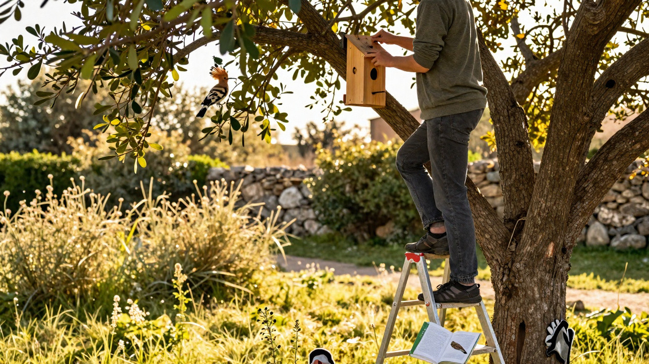 Person standing on ladder attaching a wooden birdhouse to a tree in a sunny garden.