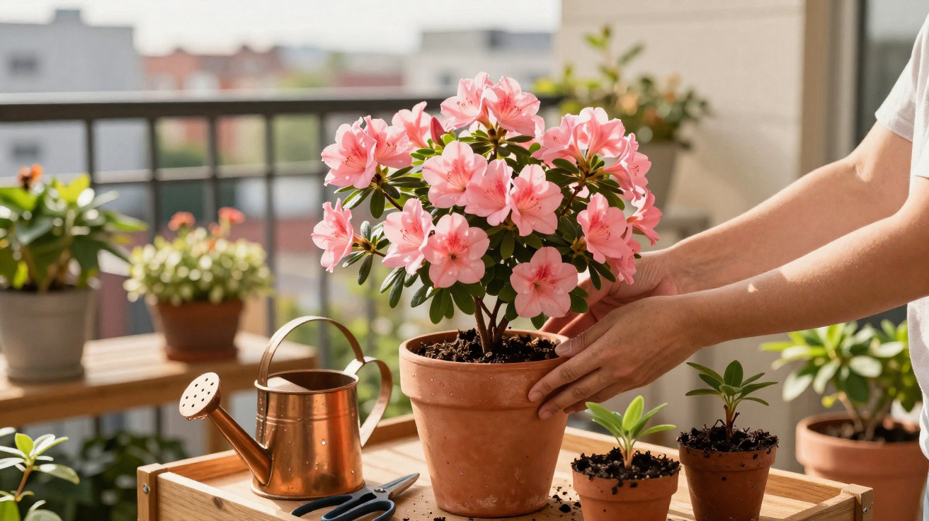 Hands tending to a terracotta pot of blooming pink azalea on a balcony with gardening tools nearby