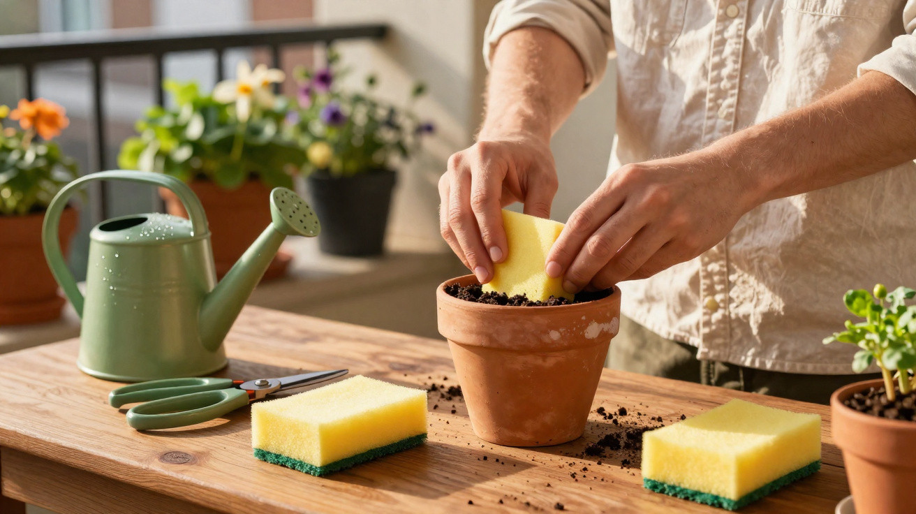 Person planting with a sponge in a terracotta pot on a wooden table with gardening tools nearby.