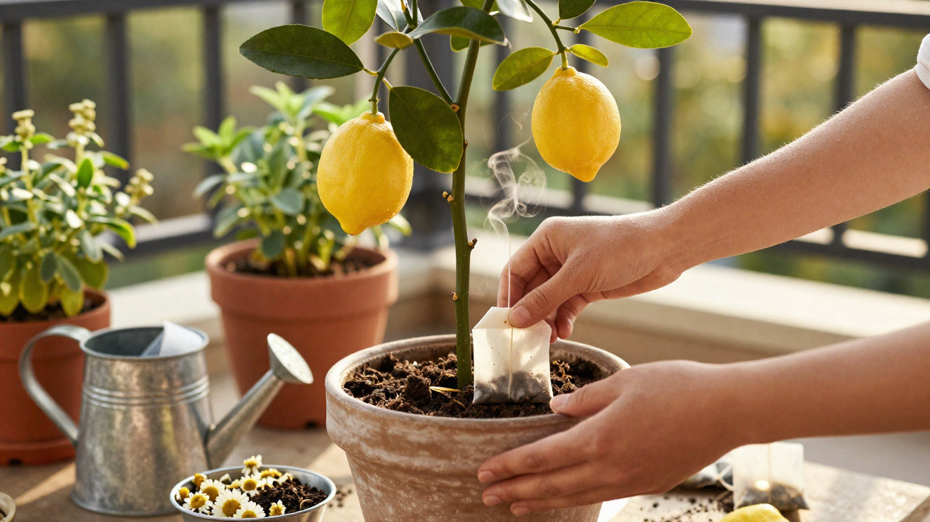 Hands placing a steaming tea bag into soil of a potted lemon tree on a balcony with plants and watering can nearby.