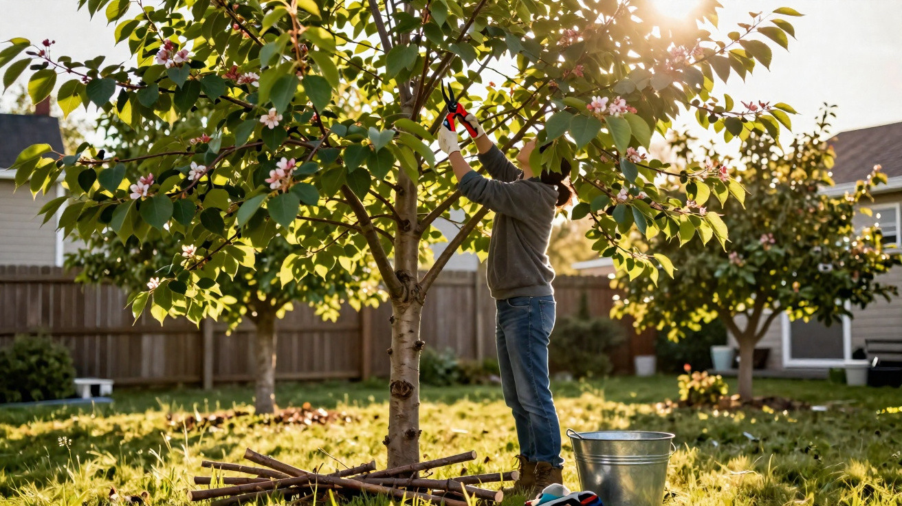 Person trimming a flowering tree with garden shears in a sunlit backyard.