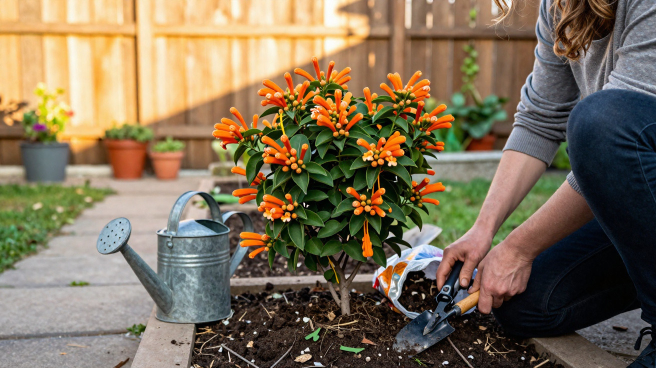 Person planting a vibrant orange flowering shrub with a watering can nearby in a backyard garden.