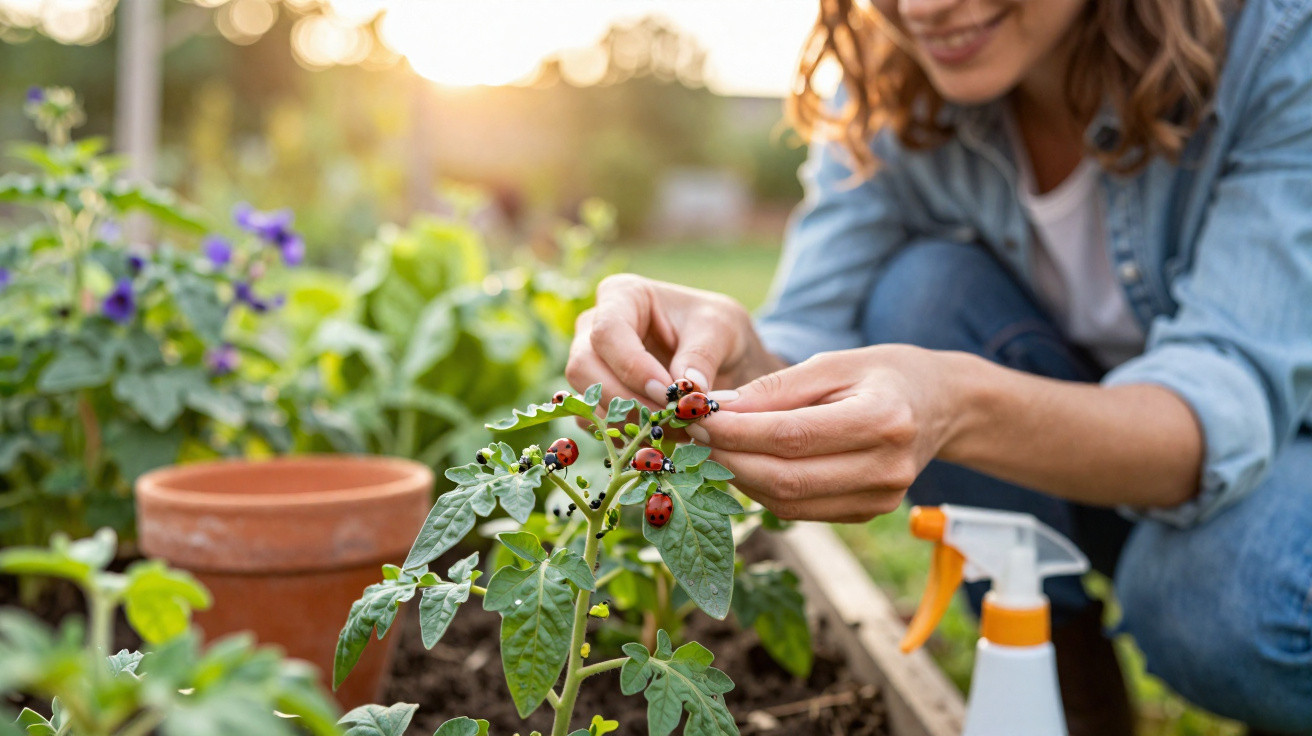 Person gently holding a ladybird on a tomato plant in a garden with potted plants and a spray bottle nearby.