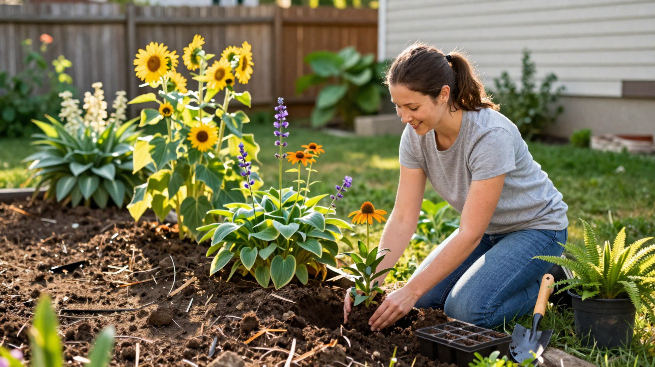 Woman planting flowers in a garden bed with sunflowers and other plants on a sunny day.