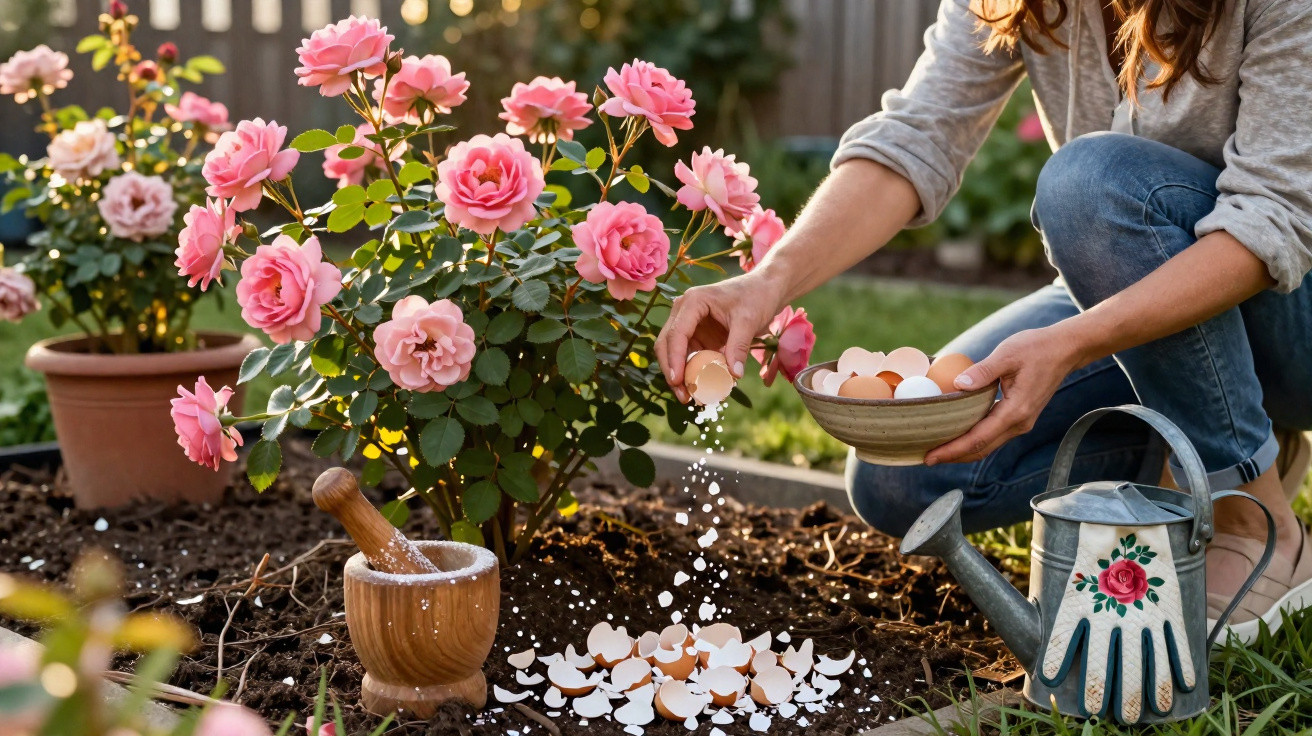 Person sprinkling crushed eggshells around pink rose bushes in a garden beside a watering can and mortar.