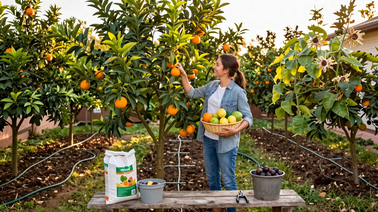 Woman in denim jacket picking ripe oranges from a tree in a garden with baskets of fruit nearby