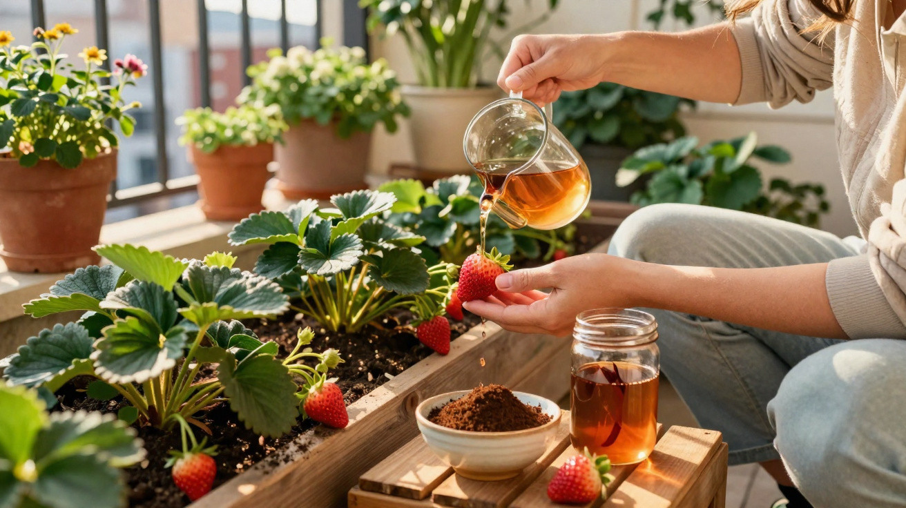 Person pouring liquid fertilizer on a ripe strawberry in an indoor garden with potted plants.