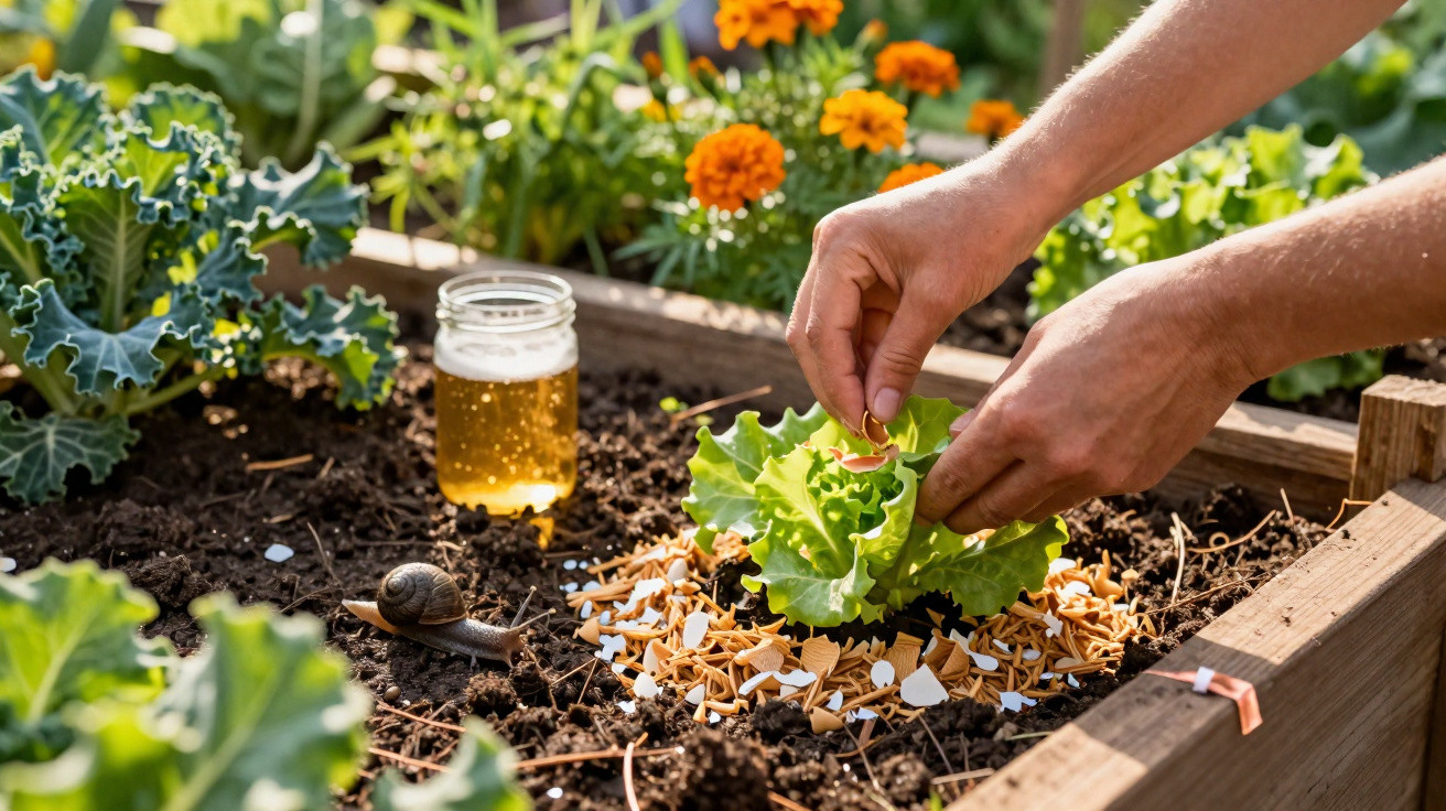 Hands planting lettuce in a garden bed with egg shells and orange marigolds in the background.