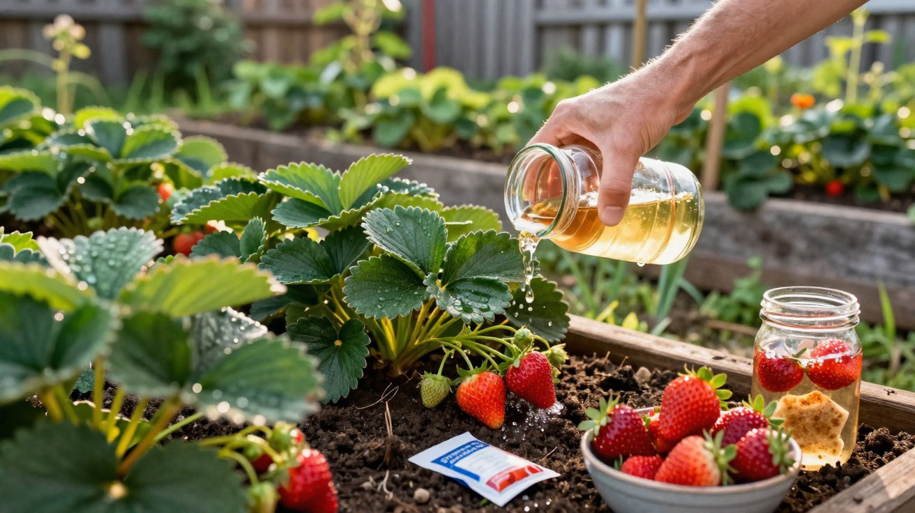 Hand pouring liquid from a glass jar onto strawberry plants in a garden with a bowl and jar of strawberries nearby.