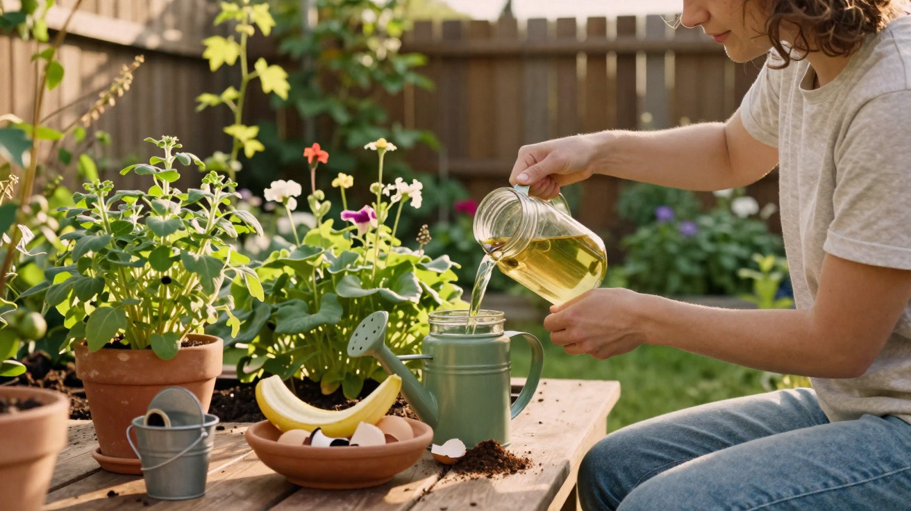 Person pouring liquid into a green watering can on a wooden table with potted plants and gardening tools.