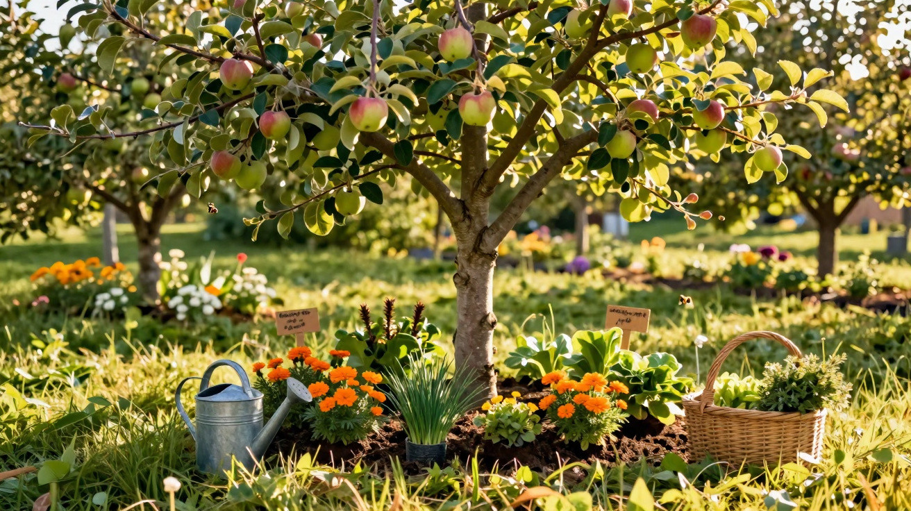 Orchard with small apple trees surrounded by colourful flowers, garden tools, and a wicker basket in sunlight.