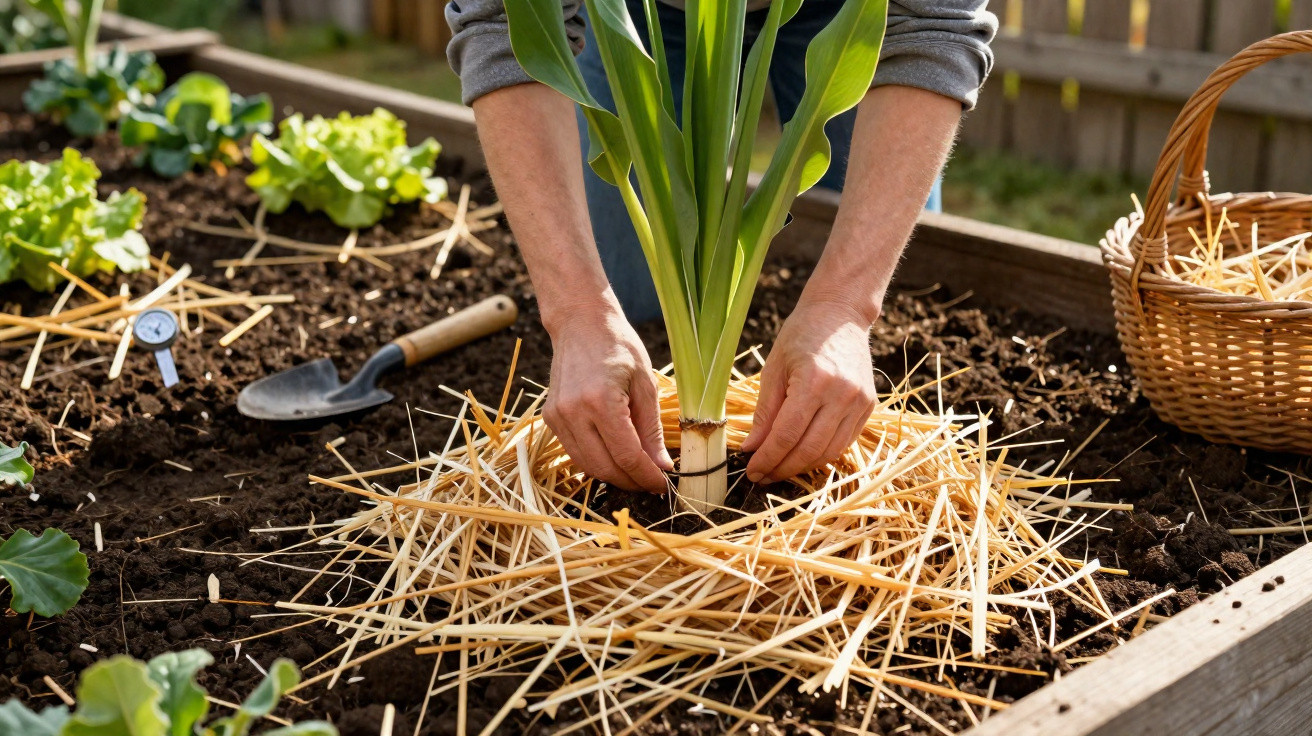 Hands planting and mulching a young plant in a raised wooden garden bed in daylight.