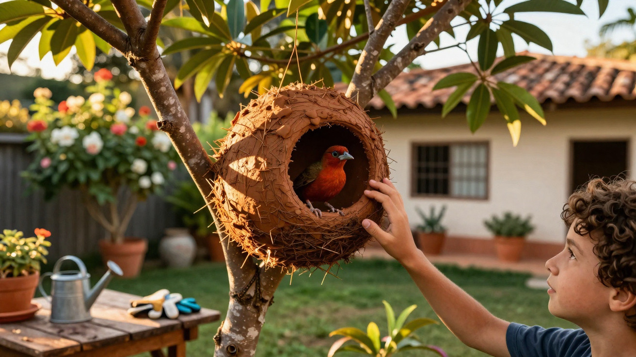 Child reaching towards a red bird perched inside a hanging nest in a sunny garden.
