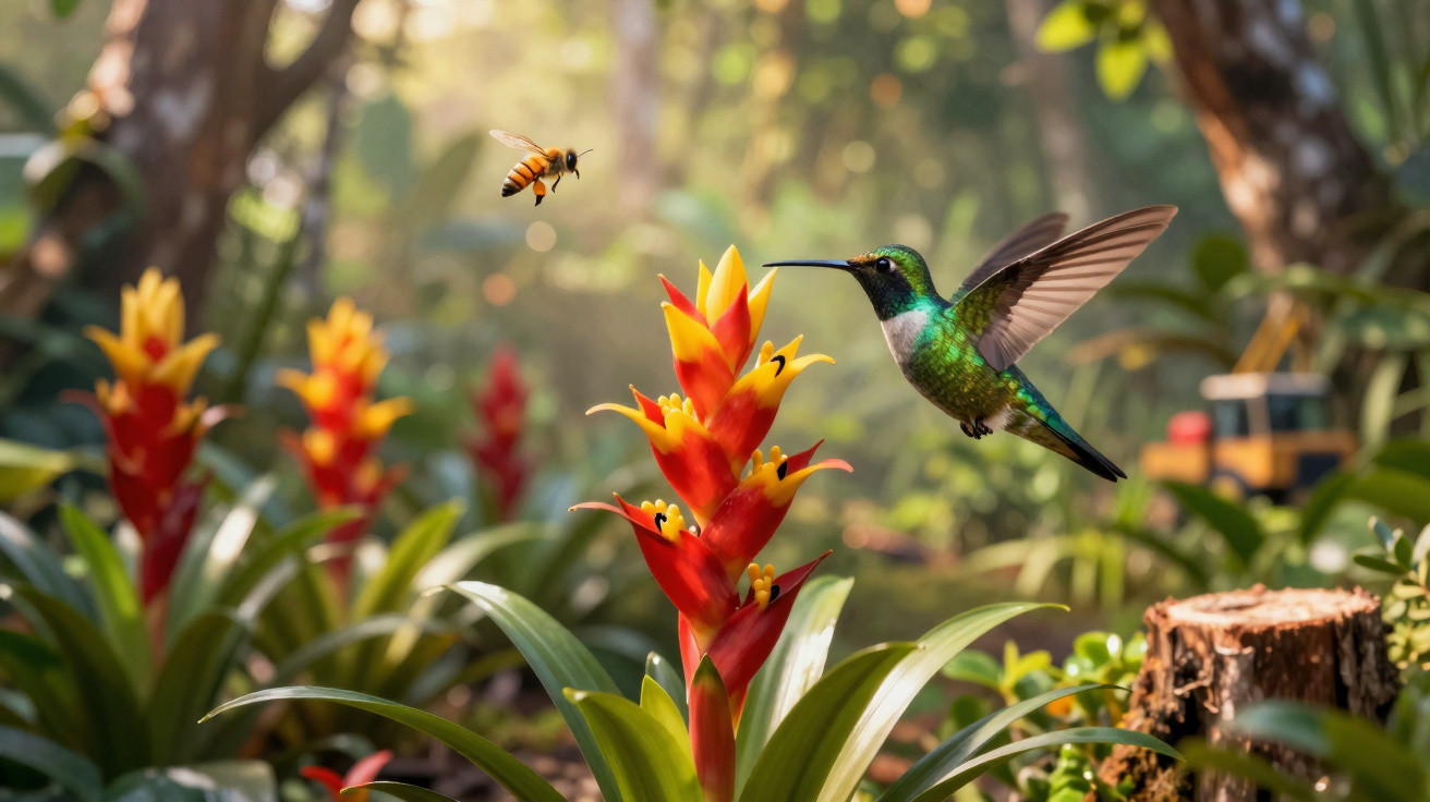 Hummingbird hovering near a vibrant red and yellow flower with a bee flying nearby in a lush garden.