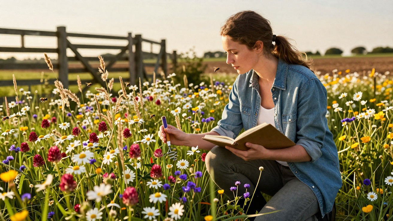 Woman in denim shirt taking notes in a wildflower meadow surrounded by bees on a sunny day