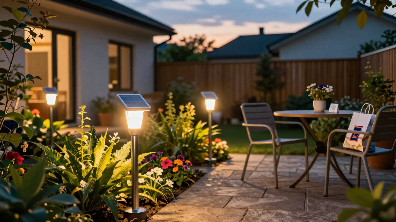 Solar garden lights illuminating a patio with plants, flowers, and outdoor table and chairs at dusk.