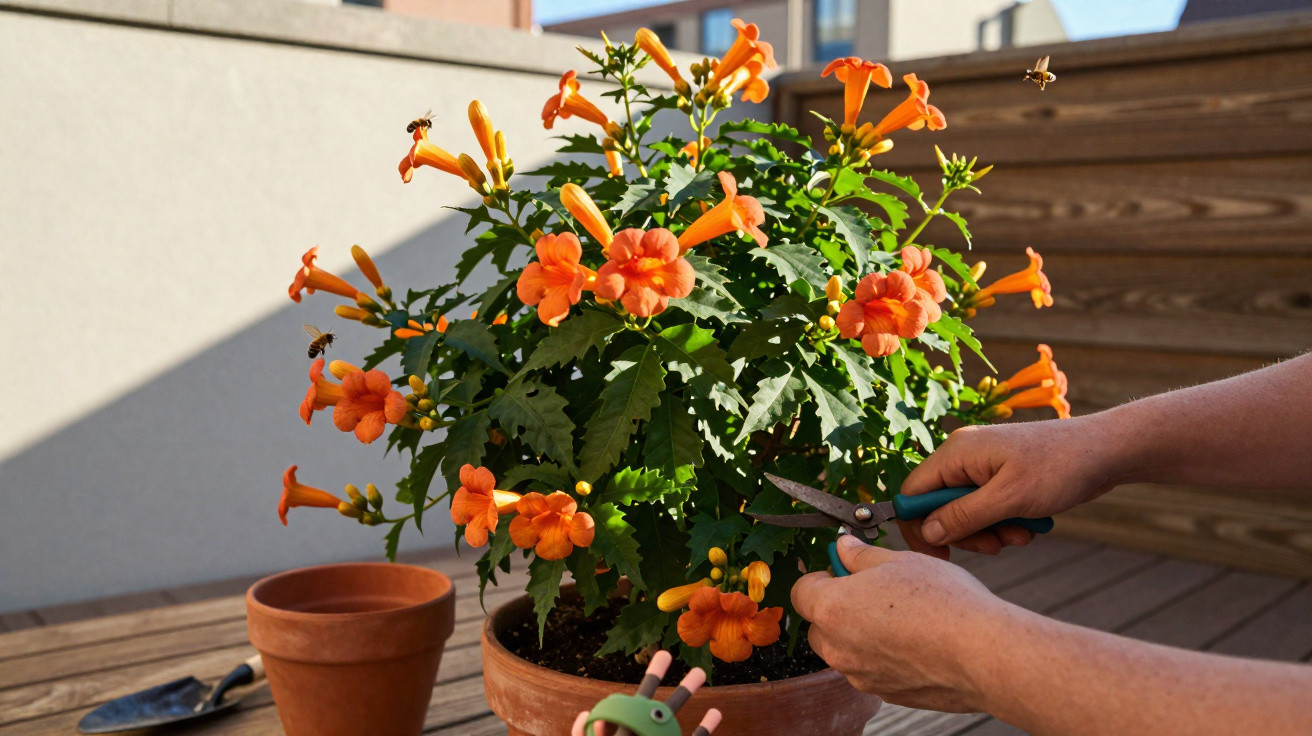 Hands pruning vibrant orange trumpet vine flowers in a terracotta pot on a wooden outdoor table with bees nearby.