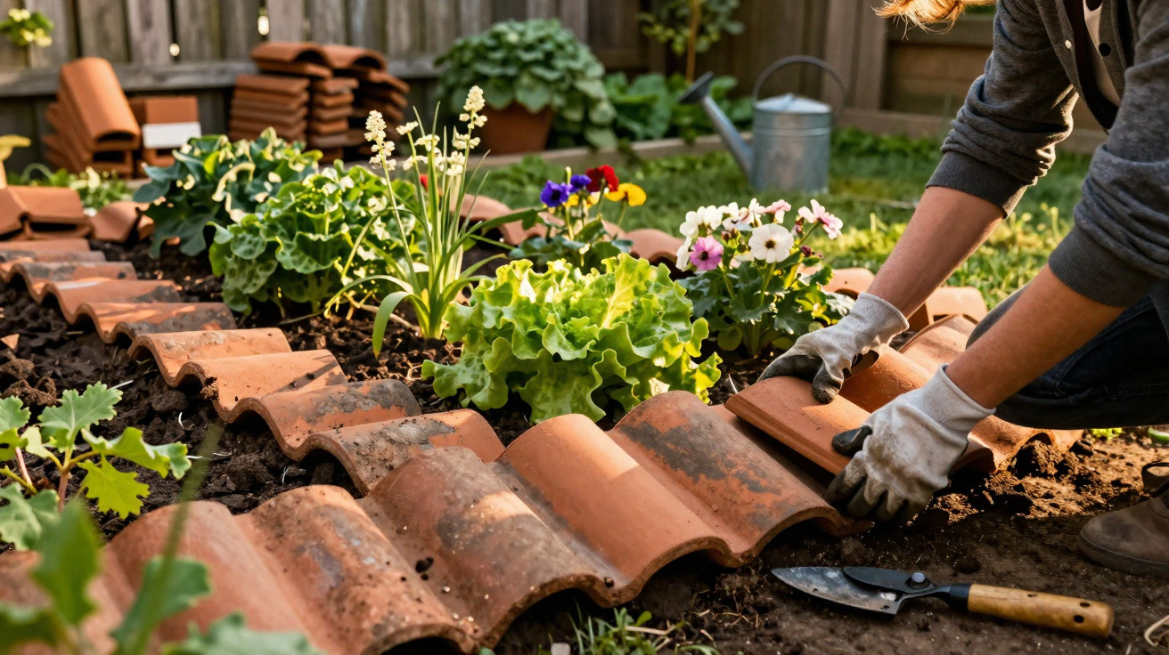 Person arranging terracotta tiles to create a border around a vibrant garden bed with flowers and lettuce.