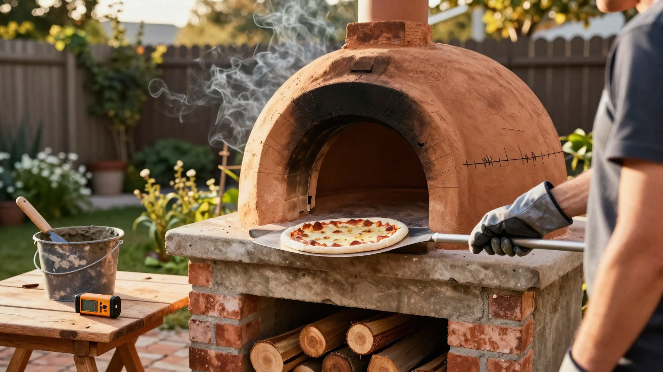 Person using a peel to place a pepperoni pizza into a smoking outdoor brick wood-fired oven in a garden.
