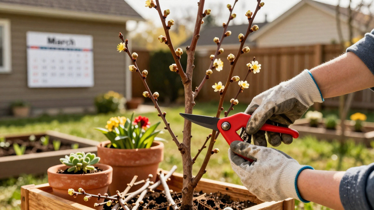 Person wearing gloves using red pruning shears to trim a small blossoming tree in a garden in March.