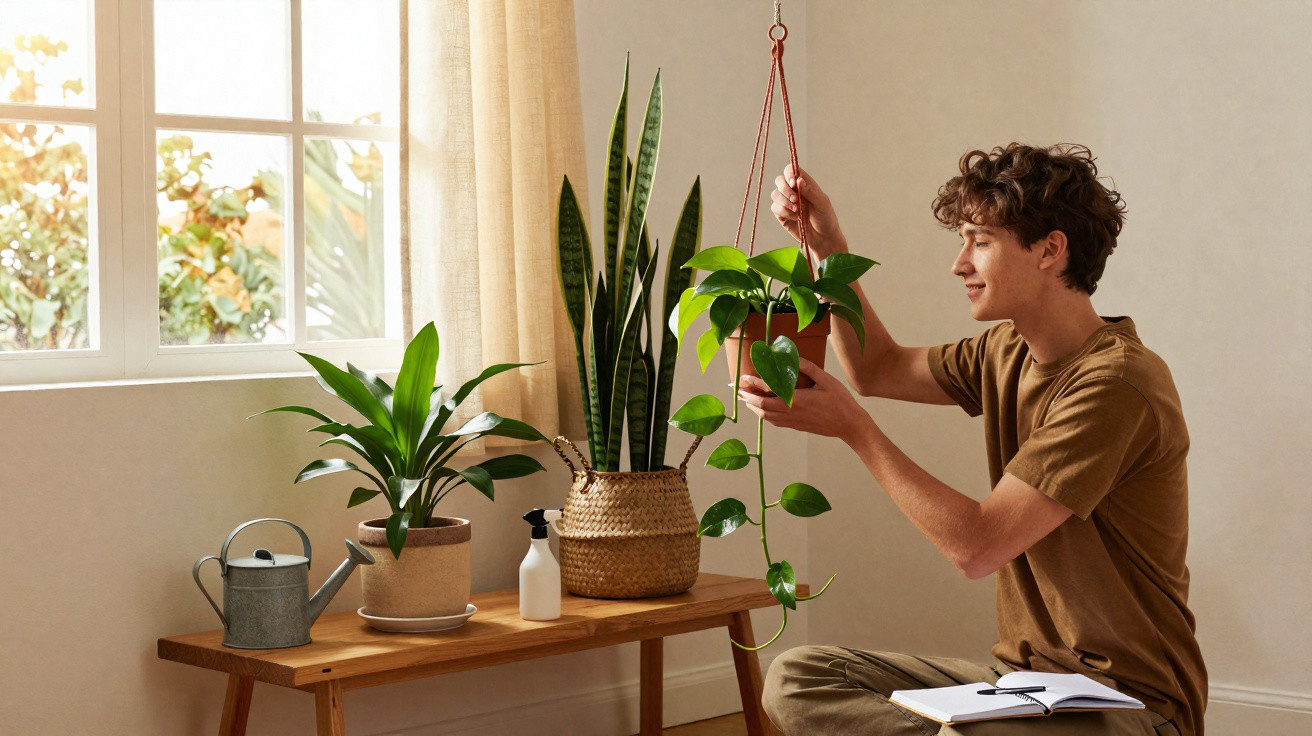 Young man tending to a hanging houseplant beside a wooden bench with potted plants and a watering can by a window.