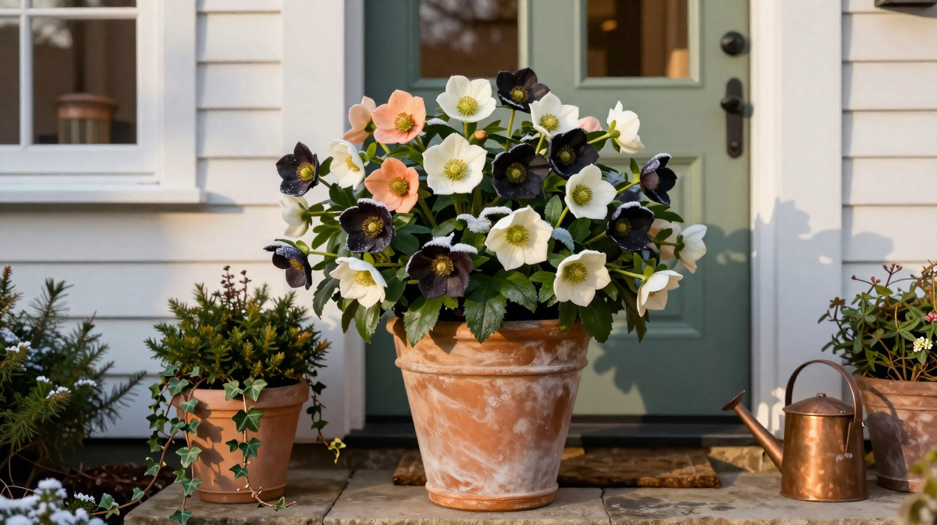 Terracotta pot with blooming white, peach, and dark purple hellebore flowers on a doorstep by a green door.