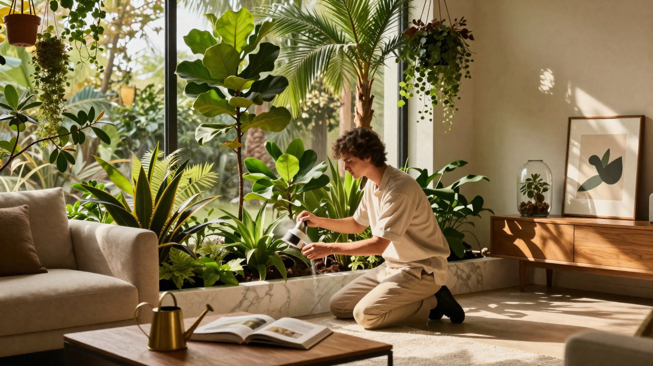 Person watering indoor plants by a large window in a sunlit living room with modern furniture and decor.