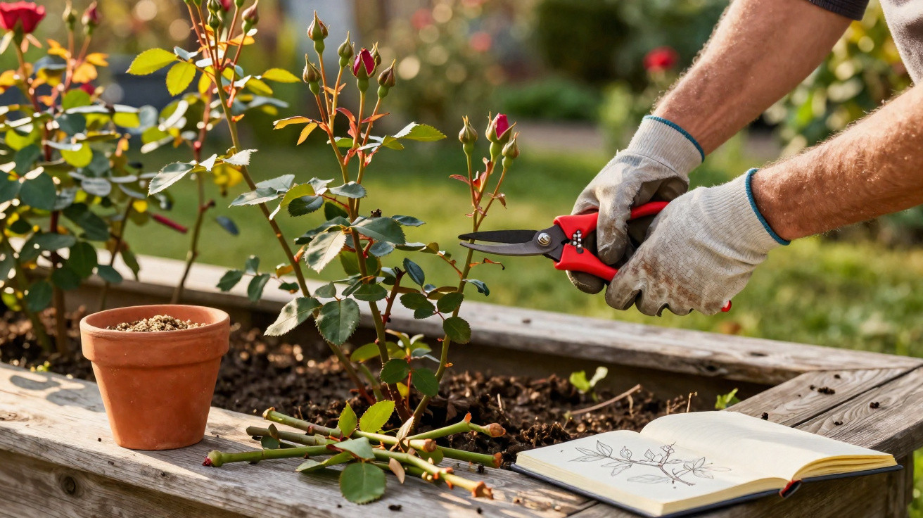 Person wearing gloves pruning rose stems with secateurs beside a notebook and empty plant pot in garden.