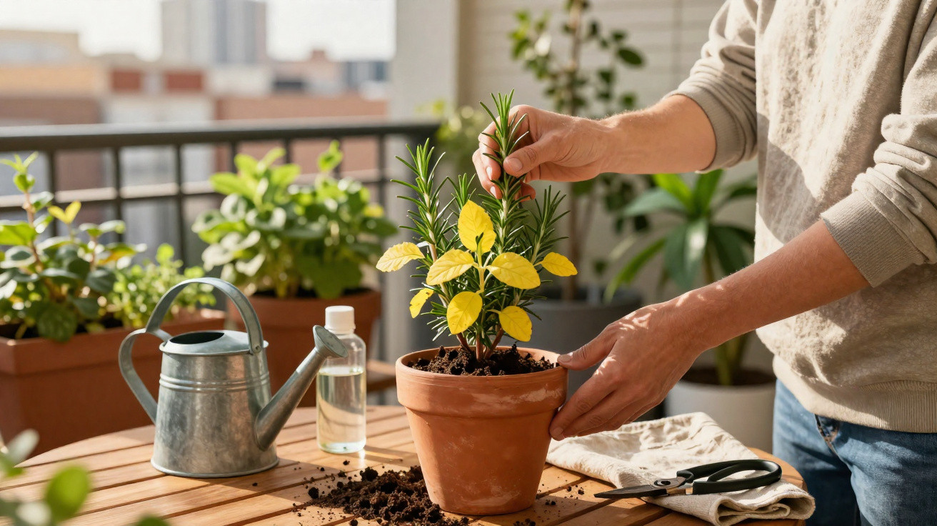 Person tending to a rosemary plant with yellow leaves in a terracotta pot on a wooden table outdoors.