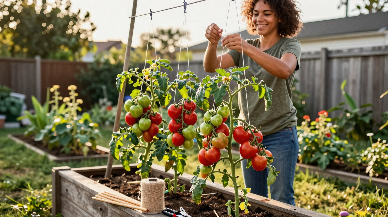 Woman tying tomato plants to a string in a sunny garden with garden tools and twine nearby.