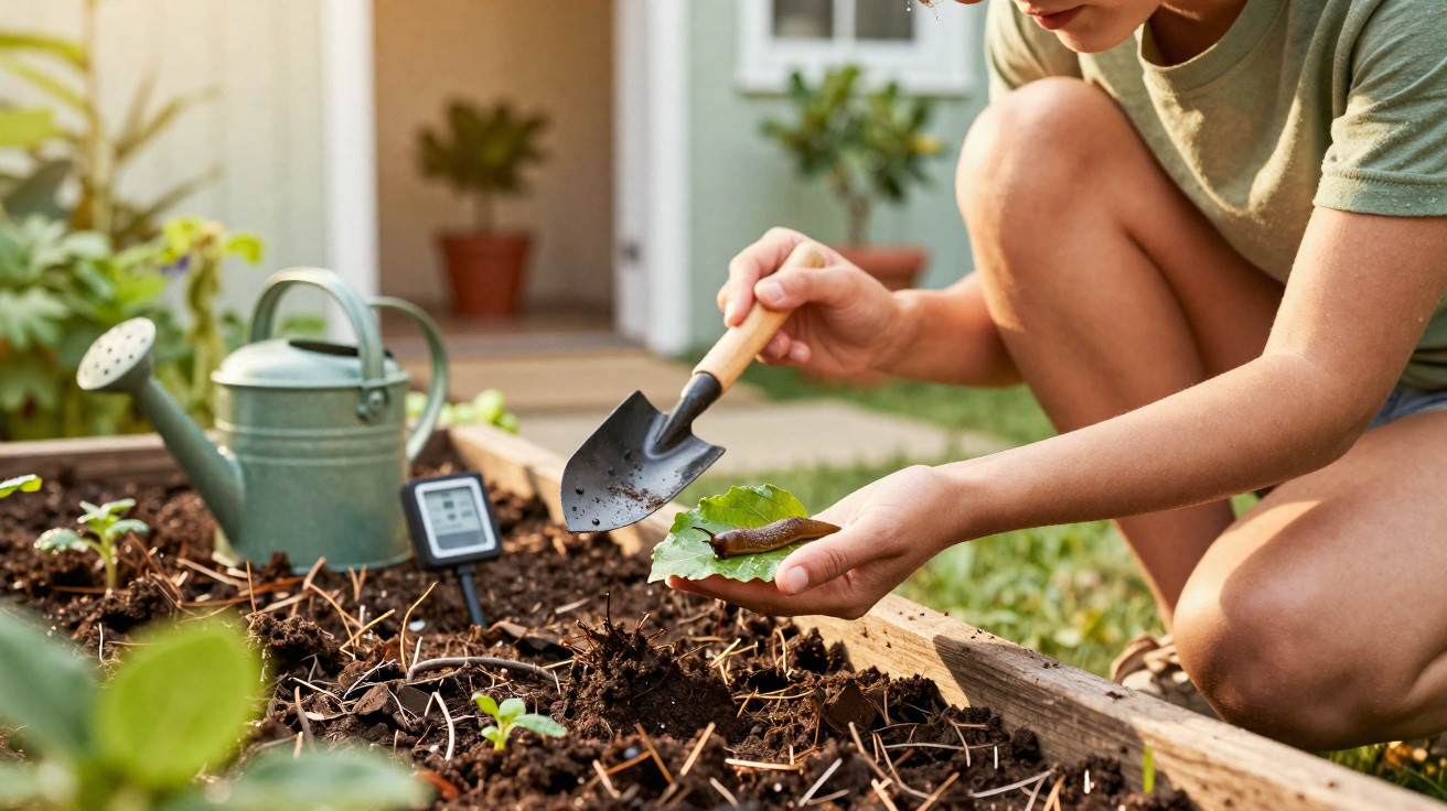 Person removing a slug from a leaf with a small garden trowel in a raised garden bed outdoors.