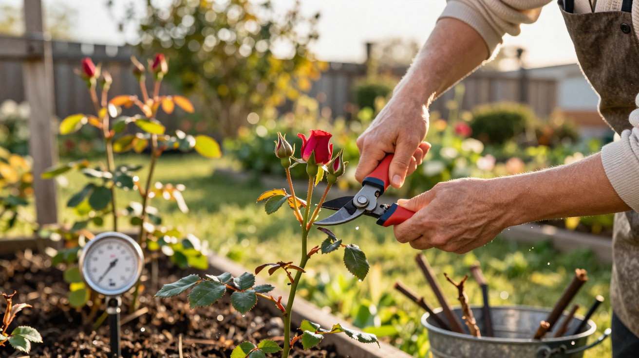 Person pruning a red rosebud in a sunlit garden with a metal bucket and thermometer nearby.