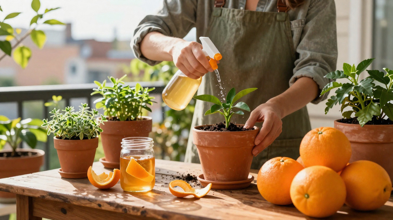 Person spraying a potted plant on a wooden table with lemons and a jar of liquid nearby.