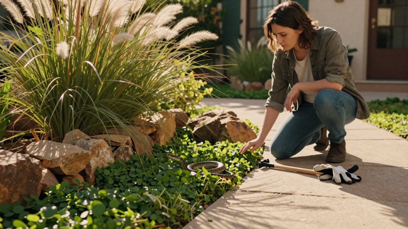 Woman gardening by a flower bed with rocks and plants, wearing gloves and holding garden shears.