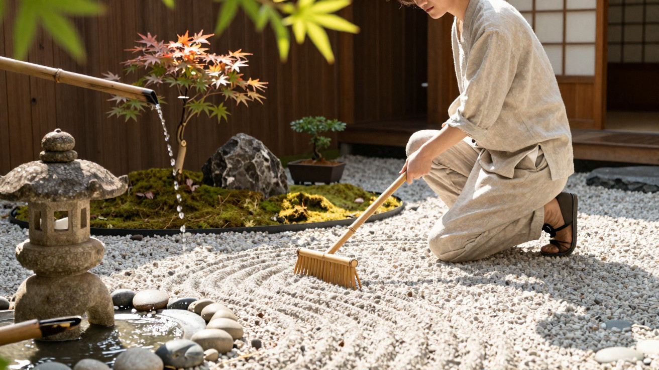 Person in traditional clothing raking patterns in a Japanese Zen garden with stone lantern and water feature.