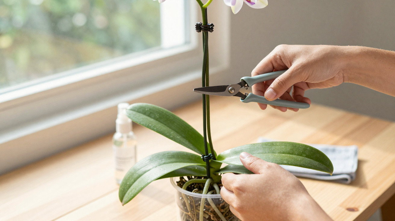 Hands using scissors to prune a healthy orchid plant on a wooden table by a window.