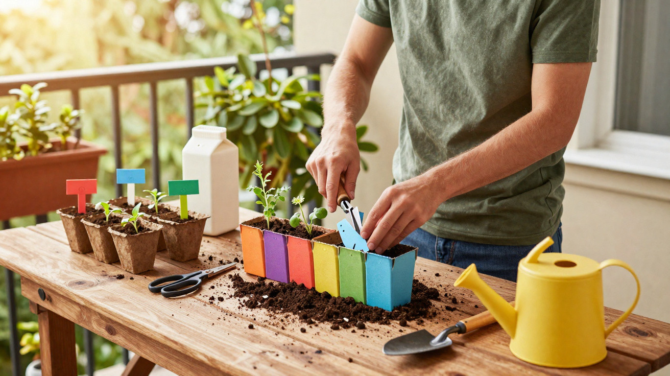 Person planting seedlings in colourful pots on a wooden table with gardening tools and a yellow watering can.