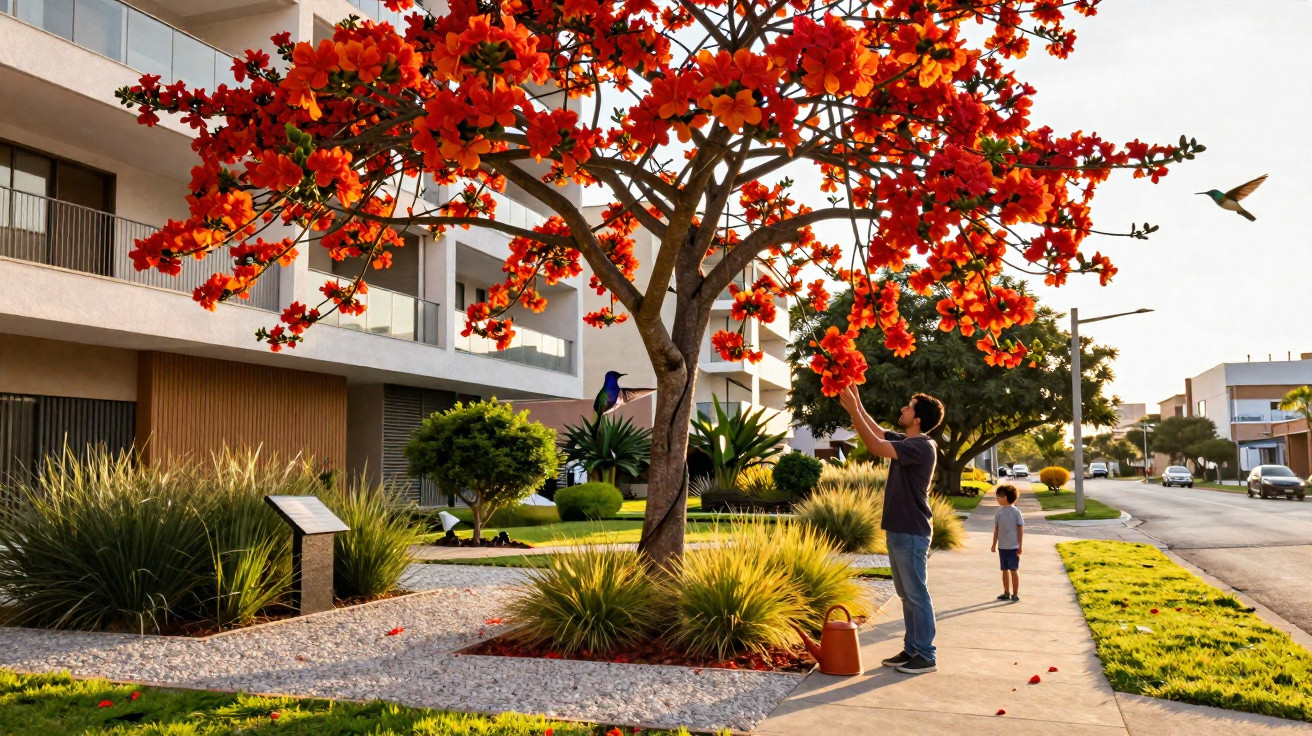 Man and child near a vibrant orange-flowered tree in a suburban neighbourhood with birds and modern houses.